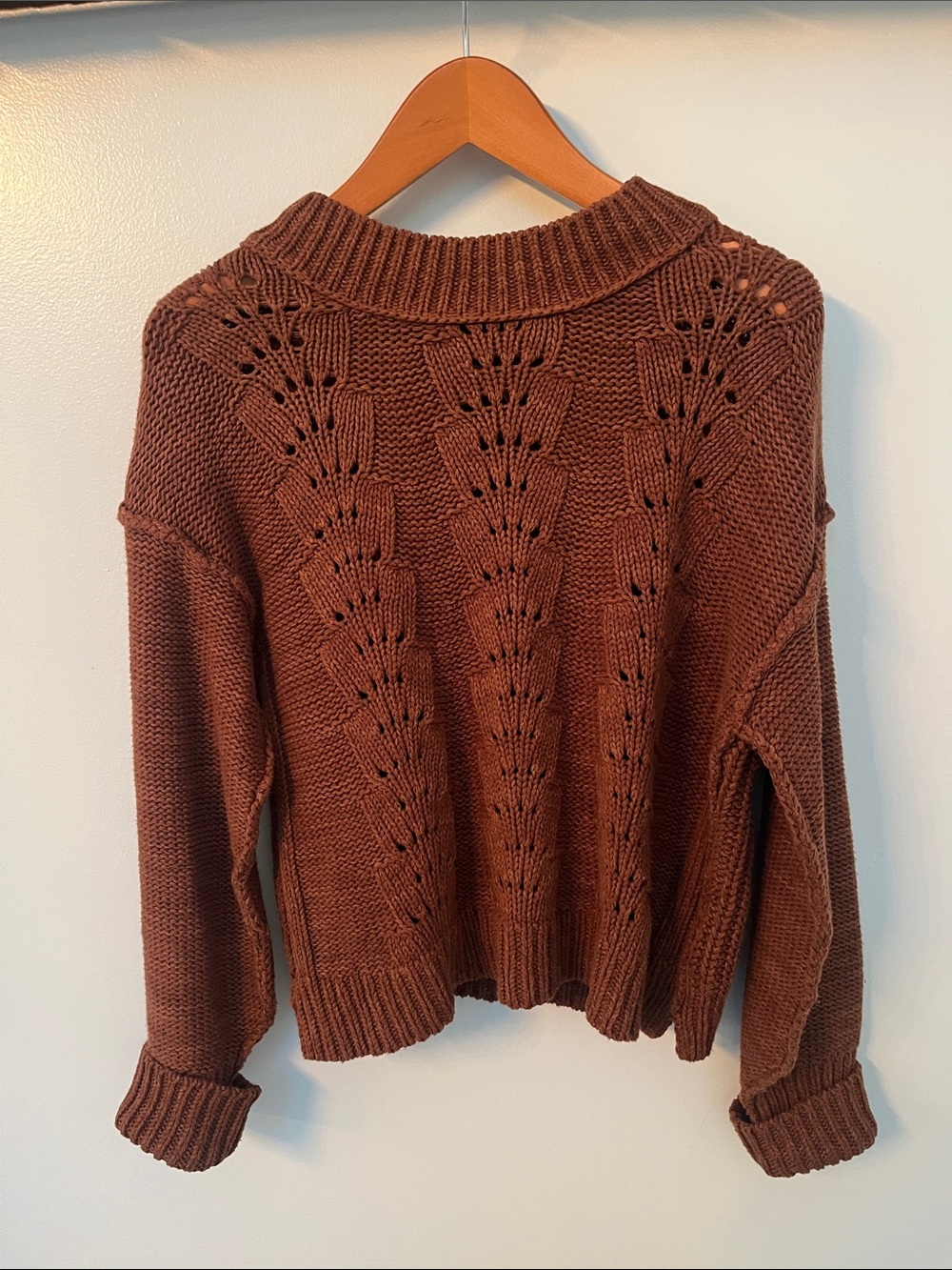 Free People Rust Brown Openwork Knit Turtleneck Sweater